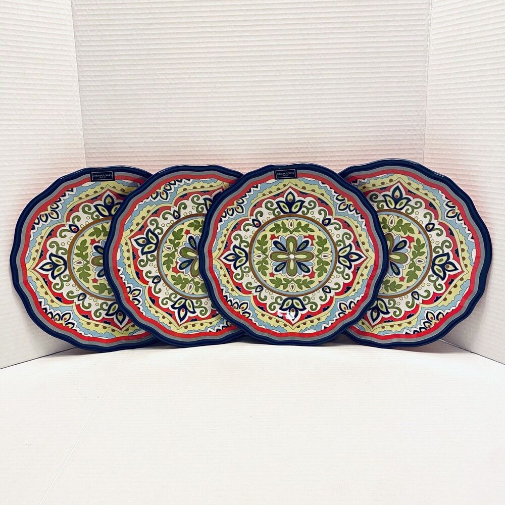 Cynthia Rowley Melamine Plates Floral Scalloped Edge Colorful Dinnerware Qty 4